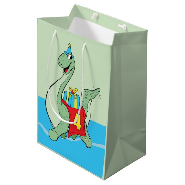 Boy, 4th Birthday Dinosaur Medium Gift Bag (Front Angled)