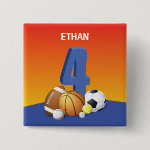Boy 4th Birthday Sports Balls 15 Cm Square Badge