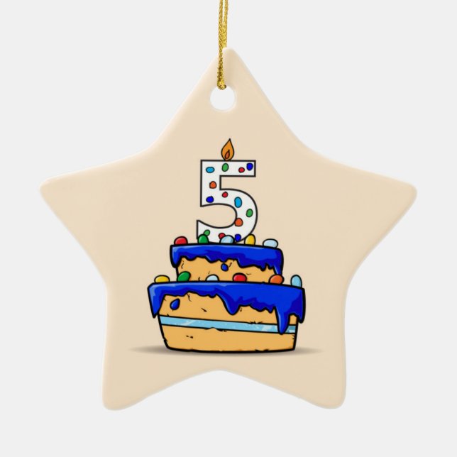 Boy 5th Birthday, 5 on Sweet Blue Cake Ceramic Tree Decoration (Front)