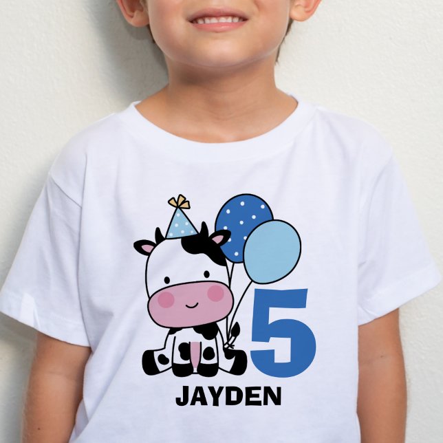 Boy 5th Birthday Cow Blue Balloons Personalised T-Shirt (Creator Uploaded)