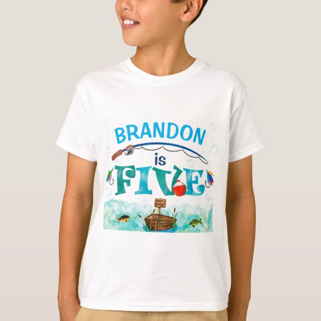 Boy 5th Birthday Gone Fishing O-fish-ally themed T-Shirt (Front)