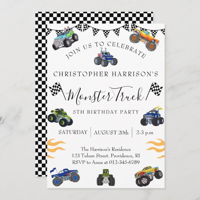 Boy 5th Birthday Party Monster Truck Invitation (Front/Back)