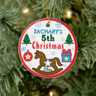 Boy 5th Christmas Horse Tree PHOTO Ceramic Tree Decoration