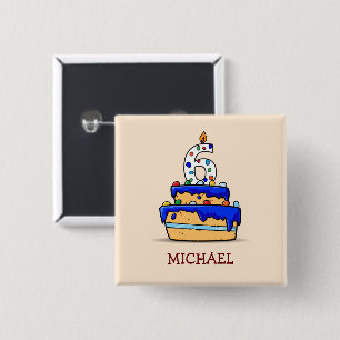 Boy 6th Birthday, 6 on Sweet Blue Cake 15 Cm Square Badge