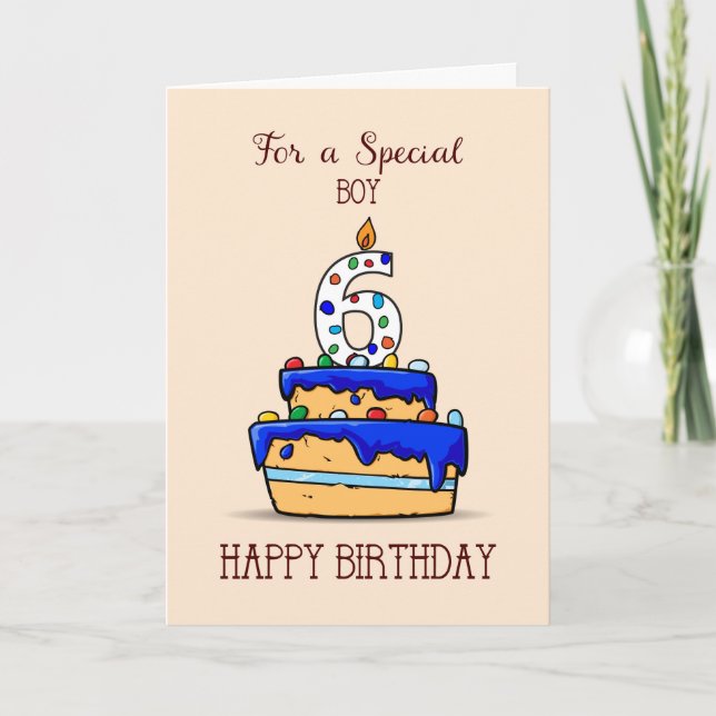 Boy 6th Birthday, 6 on Sweet Blue Cake Card (Front)