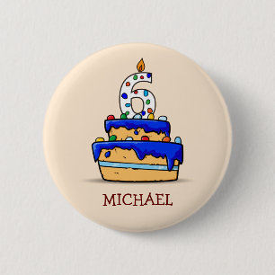 Boy 6th Birthday, 6 on Sweet Blue Cake Cm Round Badge