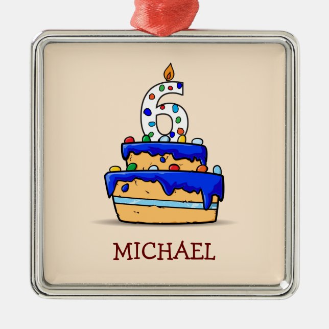 Boy 6th Birthday, 6 on Sweet Blue Cake Metal Tree Decoration (Front)