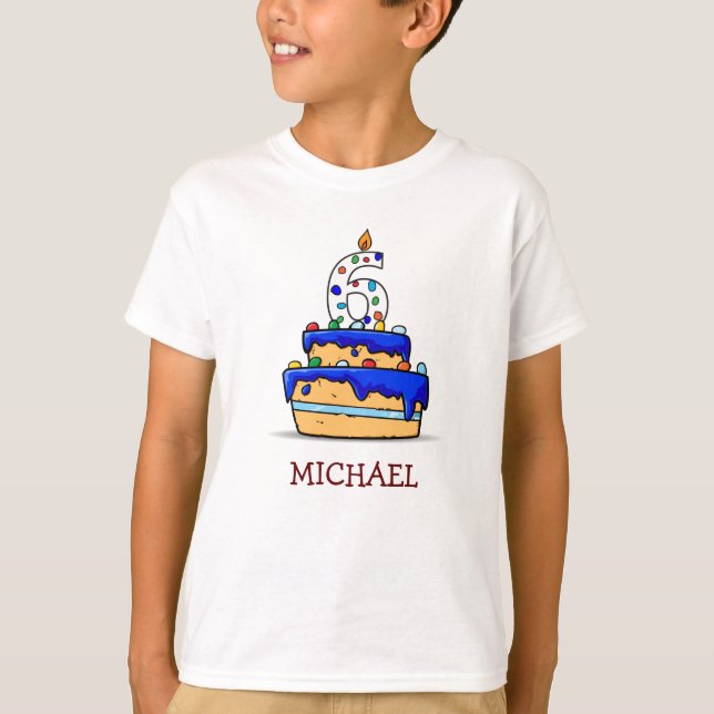 Boy 6th Birthday, 6 on Sweet Blue Cake T-Shirt (Front)