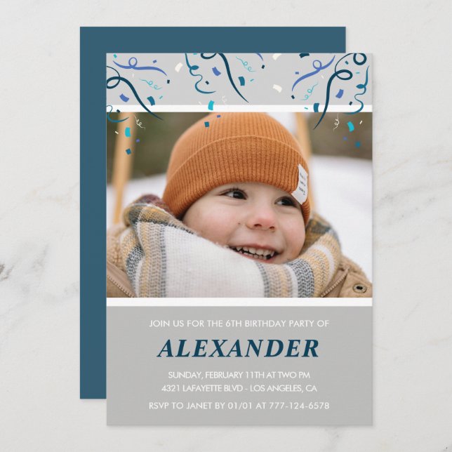 Boy 6th birthday invitations Confetti Photo Navy (Front/Back)
