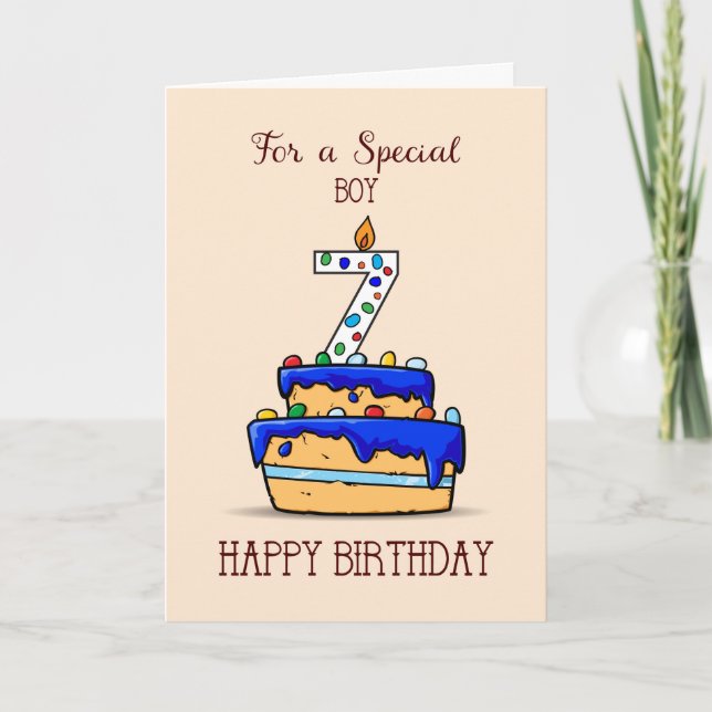 Boy 7th Birthday, 7 on Sweet Blue Cake Card (Front)