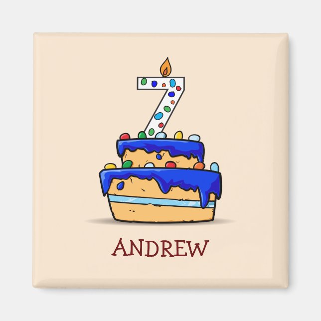 Boy 7th Birthday, 7 on Sweet Blue Cake Magnet (Front)