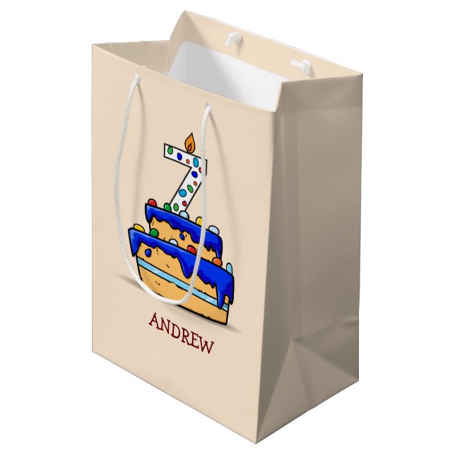 Boy 7th Birthday, 7 on Sweet Blue Cake Medium Gift Bag (Front Angled)
