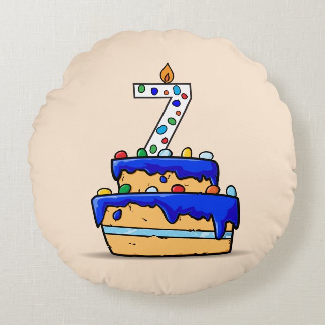Boy 7th Birthday, 7 on Sweet Blue Cake Round Cushion (Front)