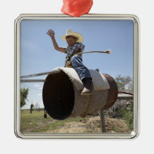 Boy (8-10) riding makeshift rodeo bull metal tree decoration