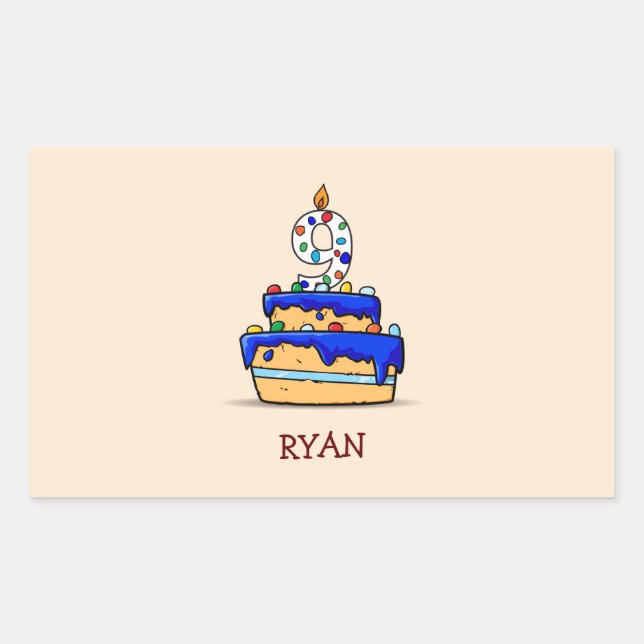 Boy 9th Birthday, 9 on Sweet Blue Cake Rectangular Sticker (Front)
