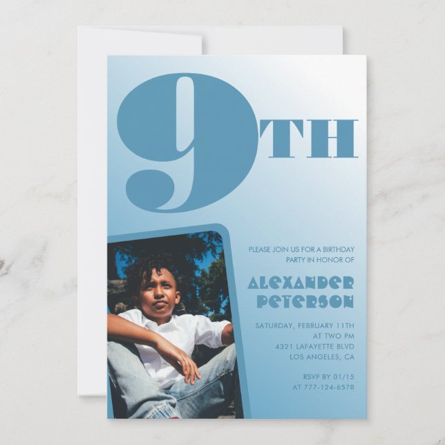 Boy 9th birthday invitations Blue Photo (Front)