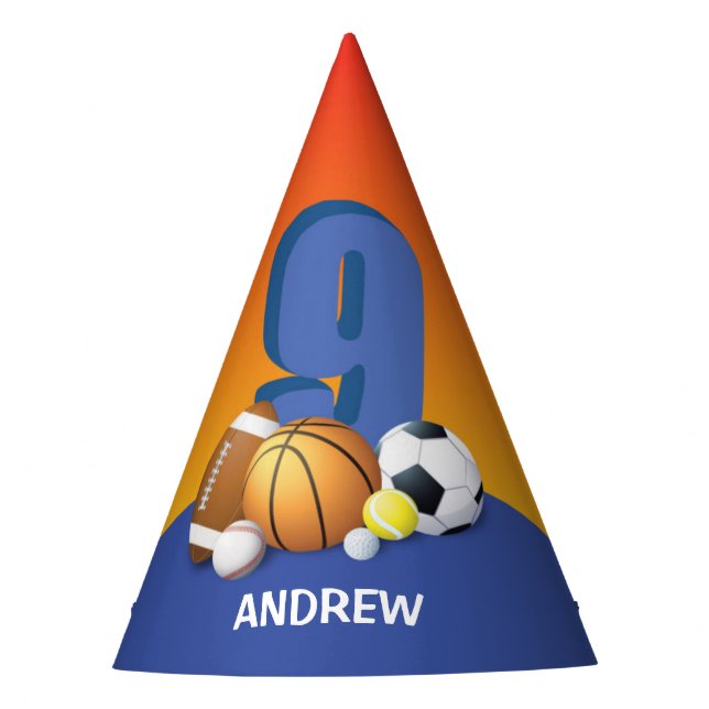 Boy 9th Birthday Sports Balls Party Hat (Front)