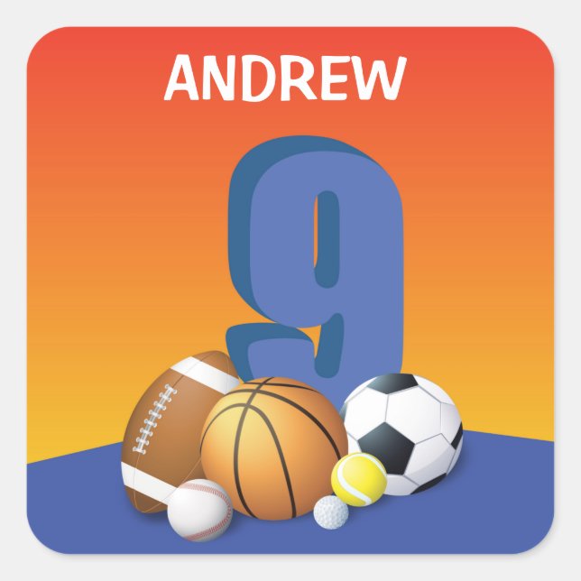 Boy 9th Birthday Sports Balls Square Sticker (Front)