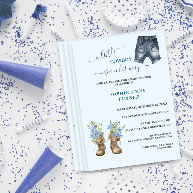 Boy A Little Cowboy Boots Blue Floral Baby Shower  Invitation (Creator Uploaded)