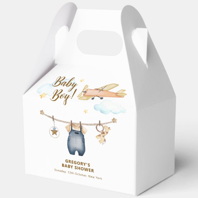 Boy Adventure Clothesline Airplane Sky Baby Shower Favour Box (Front)