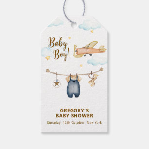 Boy Adventure Clothesline Airplane Sky Baby Shower Gift Tags