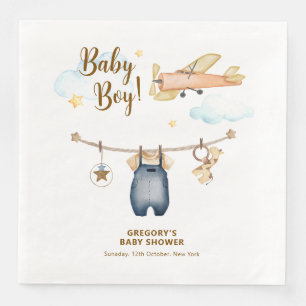 Boy Adventure Clothesline Airplane Sky Baby Shower Napkin