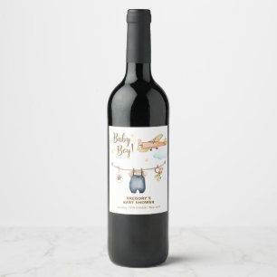 Boy Adventure Clothesline Airplane Sky Baby Shower Wine Label