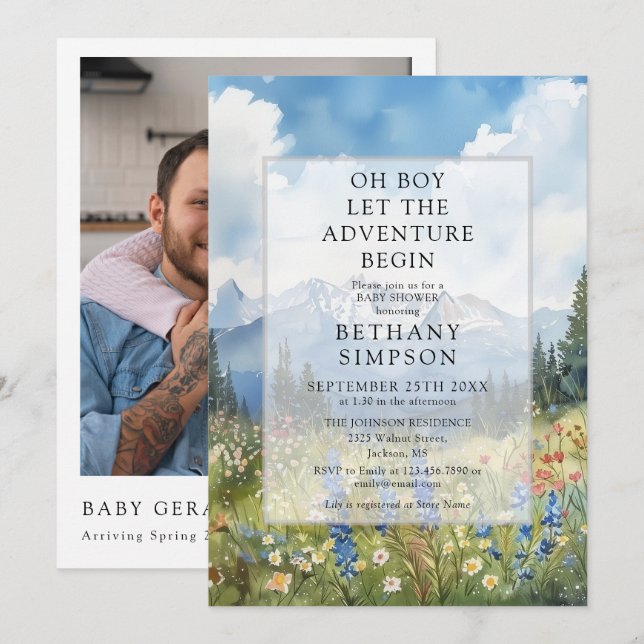 Boy Adventure Mountain Photo QR Code Baby Shower Invitation (Front/Back)