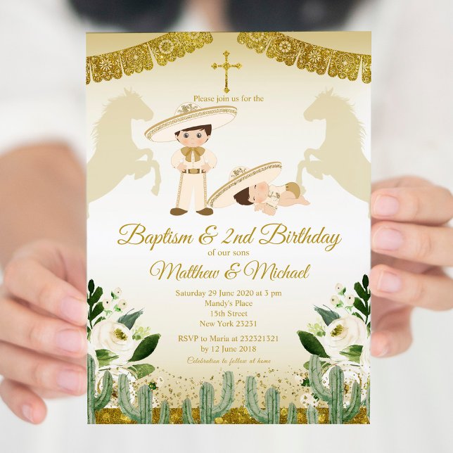 Boy and Baby White And Gold 2nd Birthday & Baptism Invitation (Creator Uploaded)