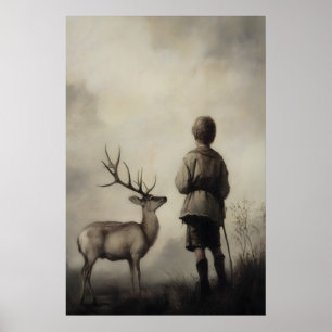 Boy and Deer Vintage Art Print Moody Landscape