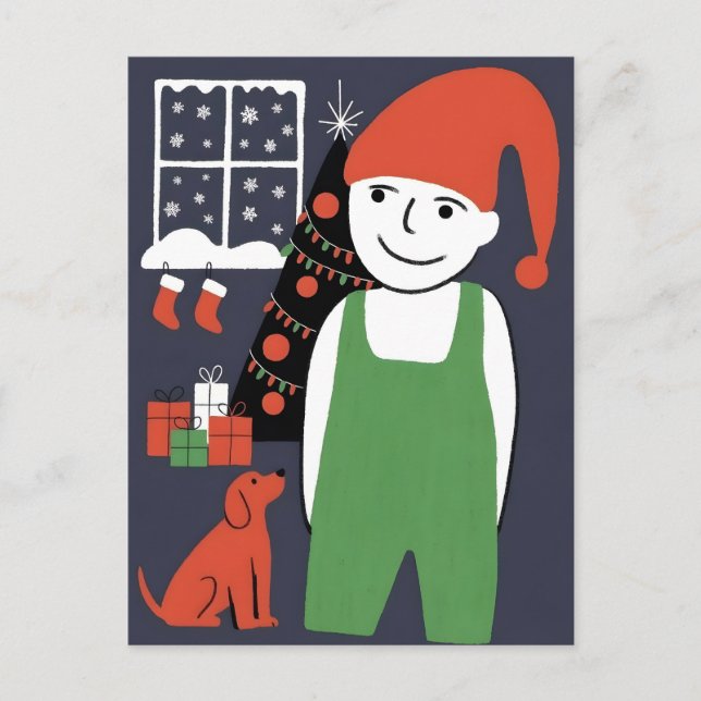 Boy and Dog Christmas  Postcard (Front)