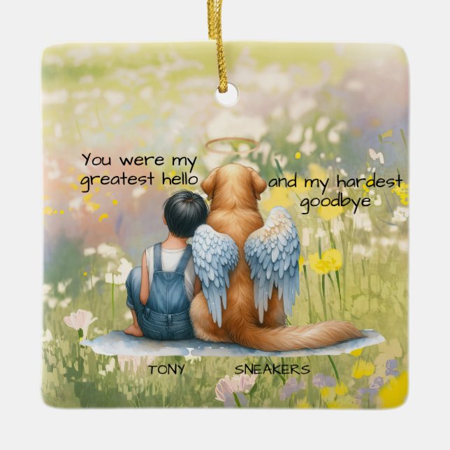 Boy and Dog Memorial  Ceramic Ornament (Front)