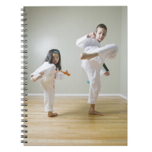 Boy and girl (4-9) practising Taekwondo kicks Notebook
