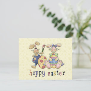 Boy and Girl Easter Bunnies Painting Easter Eggs Card