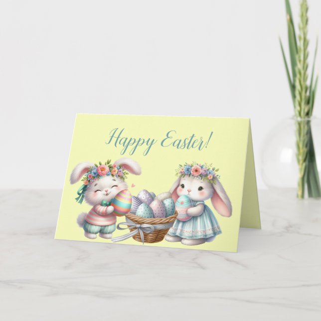 Boy and Girl Easter Bunnies with Eggs Holiday Card (Front)