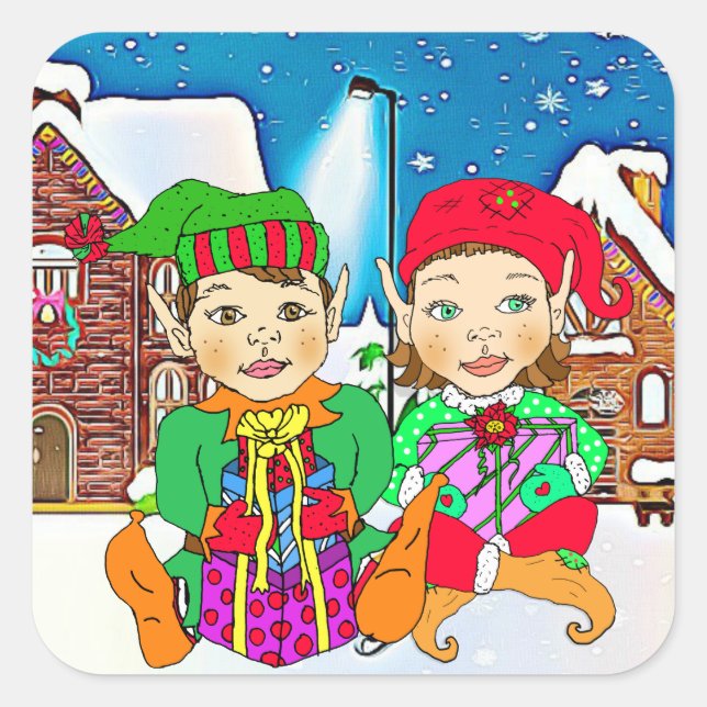 Boy and Girl Elves Christmas Square Sticker (Front)