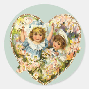 Boy and Girl Floral Heart Classic Round Sticker