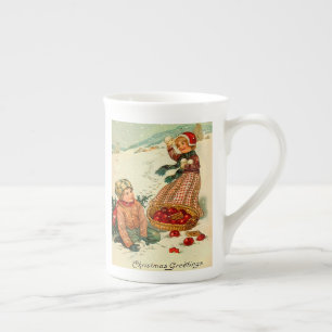 Boy and Girl Playing in the snow Vintage Christmas Bone China Mug