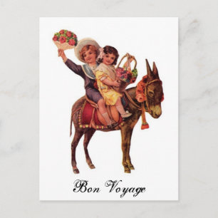 Boy and Girl Riding a Donkey, Bon Voyage Postcard