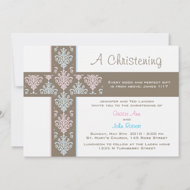Boy and Girl Twin Christening  Invitation (Front)