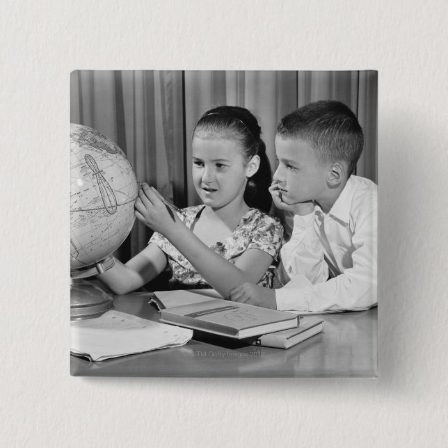 Boy and Girl Viewing Globe 15 Cm Square Badge (Front)