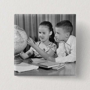 Boy and Girl Viewing Globe 15 Cm Square Badge
