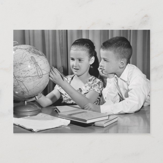 Boy and Girl Viewing Globe Postcard (Front)