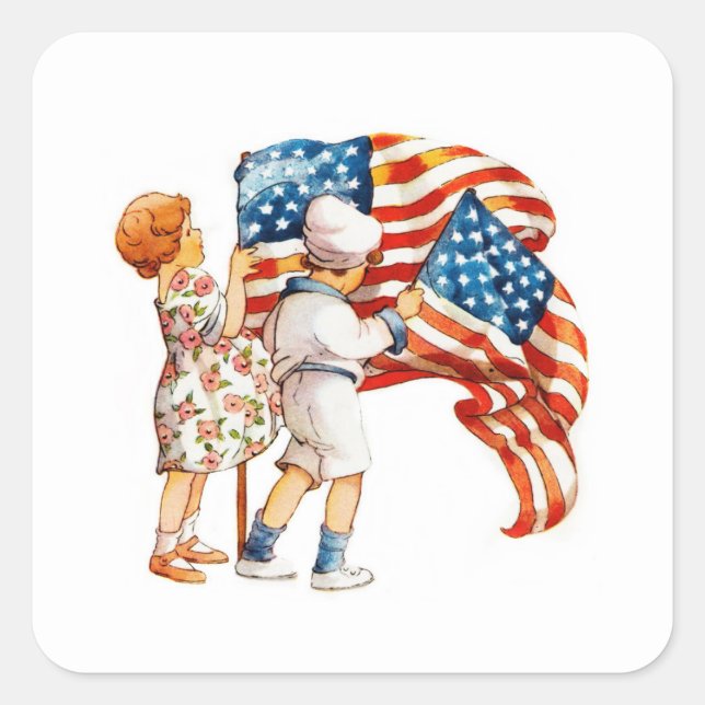 Boy and Girl Waving Flags Square Sticker (Front)