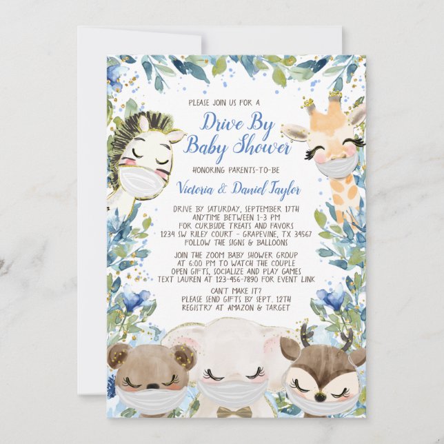 Boy Animal With Masks Drive By Baby Shower Invitation (Front)