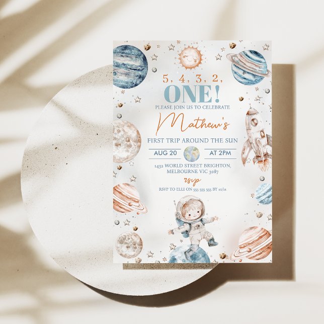 Boy Astronaut First Trip Around Sun Birthday Invitation (Boys First Trip Around the Sun 1st Birthday Invitation Template Instant Download, Astronaut Space)