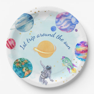 Boy Astronaut Gold Blue Rocket Ship Planet Paper Plate