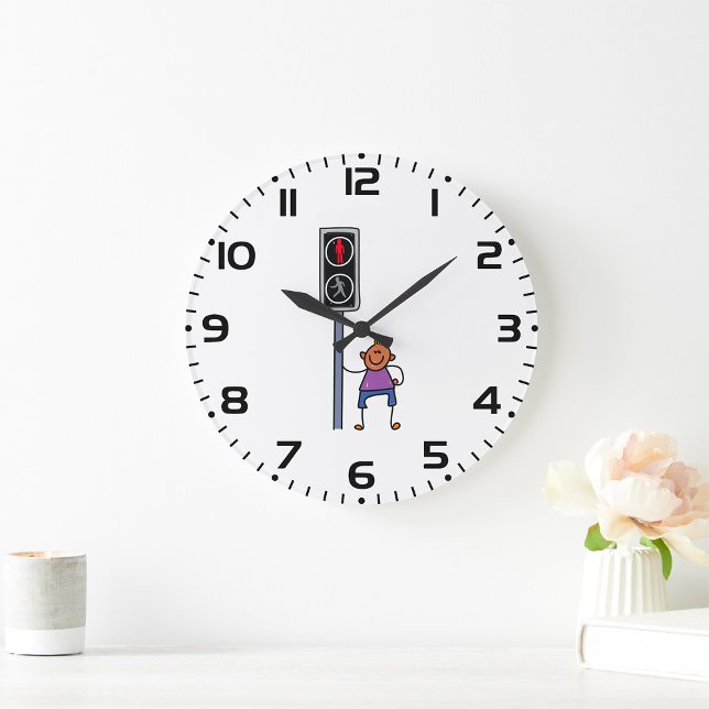 Boy at Pedestrian Crossing with Red Stop Signal Large Clock (Creator Uploaded)