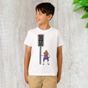 Boy at Pedestrian Crossing with Red Stop Signal T-Shirt