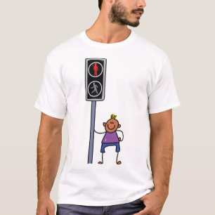 Boy at Pedestrian Crossing with Red Stop Signal T-Shirt